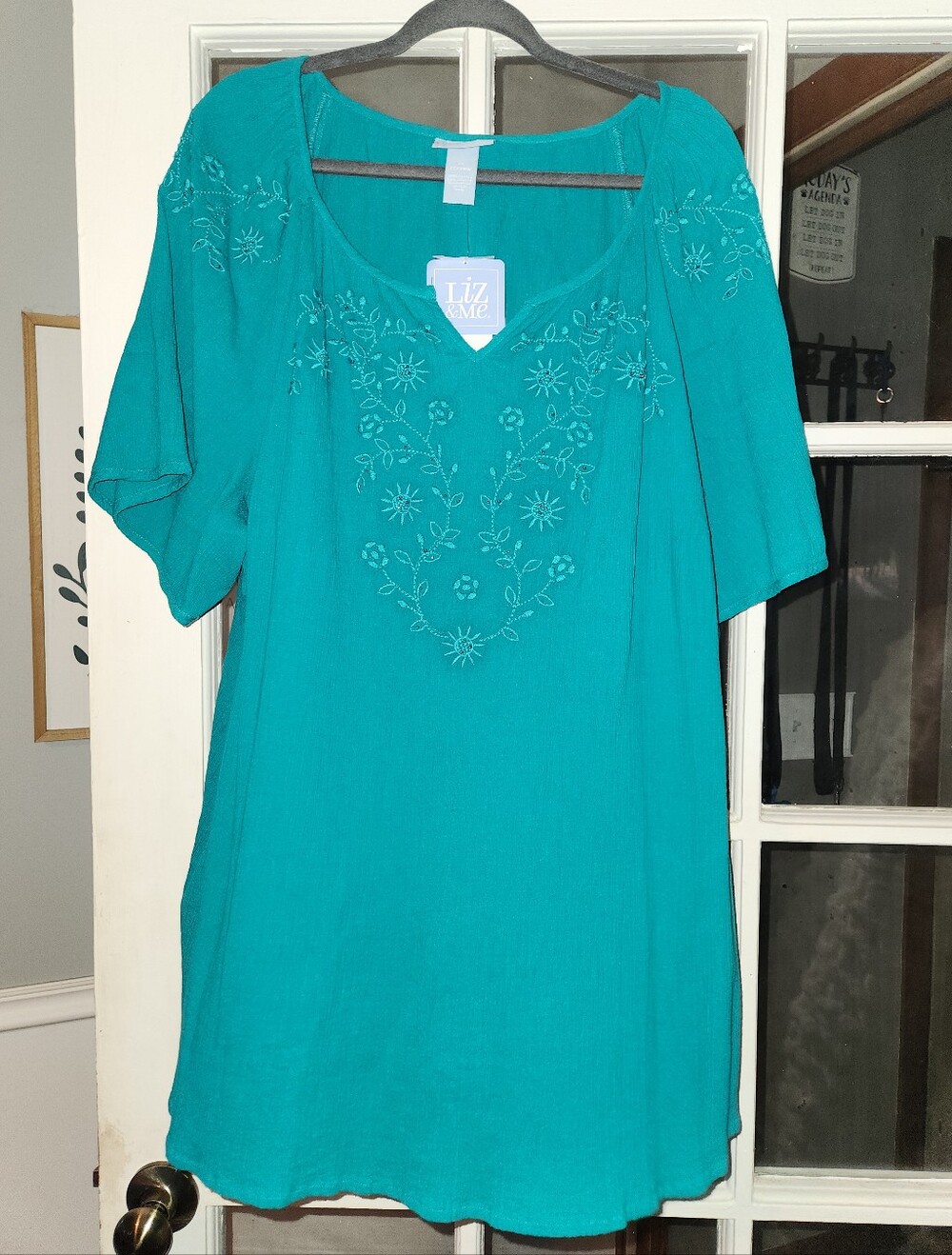 Liz & Me Women’s 3X 26/28W Teal Embroidered Cotton Gauze Tunic Top NWT